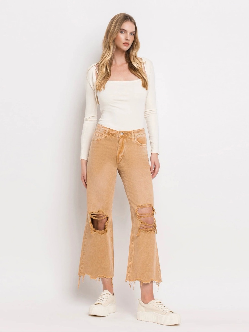 Vervet Kiss of California Crop Flare Distressed Jeans Tan Size 27 NWT